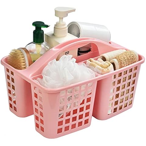 Haundry Plastic Shower Caddy Basket with 3 Compartments, Portable Divided Cleaning Supply Storage Organizer with Handle (Pink) Cover