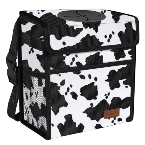 Image of Femuar Leak Proof Car Trash Can with Lid, Collapsible Hanging Waterproof Car Trash Bag with Mesh Pocket for SUV Front Seat Headrest, Large /Cow Print