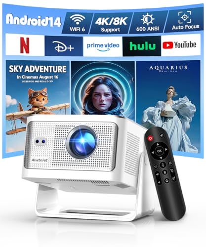 Alwtniet Proyector Portatil 4K 8K, Native Full HD 1080P Mini Projetor Android 14, WiFi 6 Bluetooth 5.4, Autoenfoque 6D Auto Keystone 180° Rotación para Cine Móvil en Casa Smart TV Tiro Ultra Corto