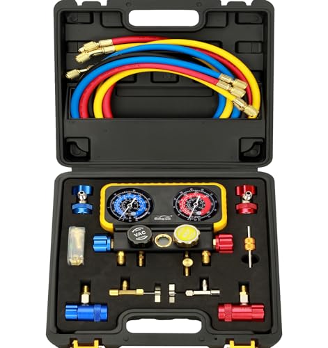 R1234YF R134A AC Gauge Set 4 Valve Manifold HVAC Gauges with Hoses Compatible with R1234YF R404a R134a System Air Conditioner Recharge Kit