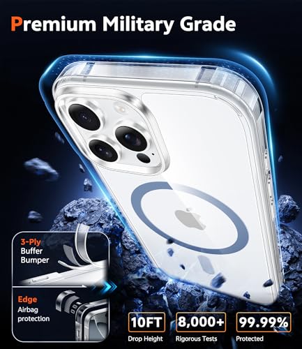 Image of FNTCASE for iPhone 16 Pro Case: Clear Magnetic Phone Cases Compatible with Magsafe Slim Anti Yellowing Military Grade Drop Protection Rugged Protective Transparent Cell Cover (B-Z Blue)
