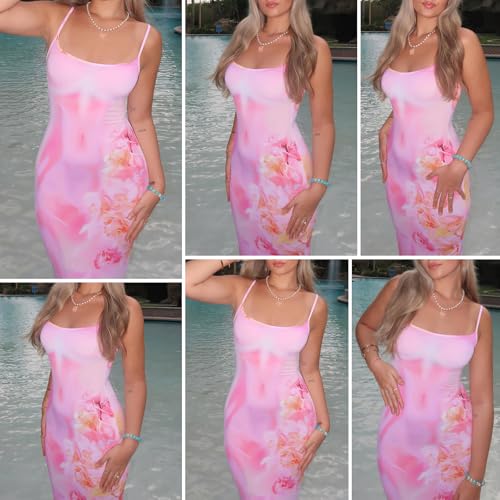 Image of Womens Summer Casual Floral Dresses Spaghetti Strap Bodycon Maxi Beach Dress Elegant Evening Party Long Dresses