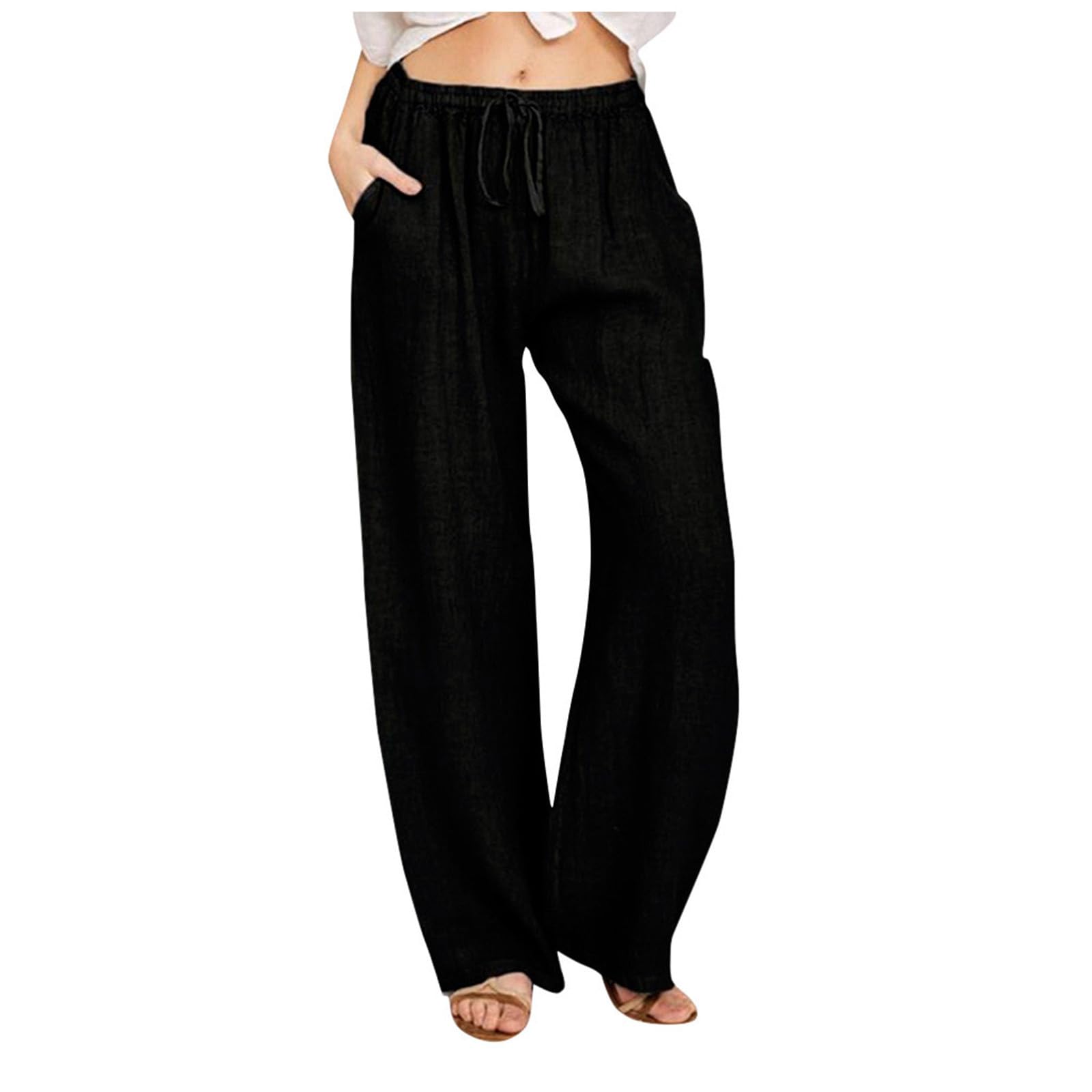 Women's Linen Pants Drawstring Flowy Wide Leg Summer Pants for Travel Vacation Comfy Palazzo Trousers with Pockets