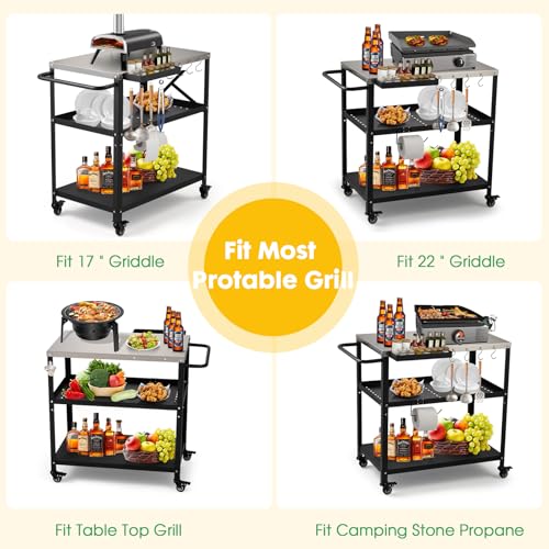 Image of Outdoor Grill Cart Table,Indoor and Outdoor Pizza Oven Table,with 4 Movable Total Lock Casters, Hooks, Side Handle Multifunctional (Black) (Stainless Steel)