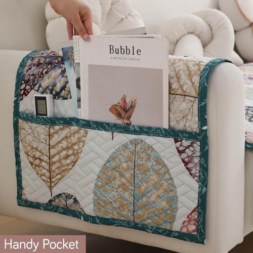 Image of HOKIPO 'HomeHues Series' Printed Quilted Sofa Seat Mat for 1 Seater Sofa with 2 Armrest Covers with Pockets, Multicolor Linden Leaf (IN-806-D7 + IN-814-D7*2)
