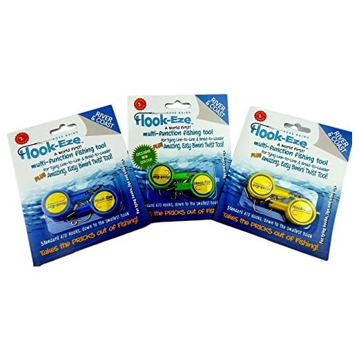 HOOK-EZE Quick Fishing Knot Tying Tool (Pack of 3), Standard Size - Easy Tying Fishing Hooks Cover - Line Cutter - Ideal for Saltwater & Freshwater Fishing - Blue, Green & Yellow