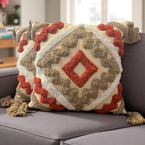 Image of Furnistitchs Handmade Cotton Bohemian Home Decor Cushion Cover 24x24 inches / 60x60 cms - Boho Chic Couch Sofa Throw Living Room Bedroom Cushions (2, Rust Zigzag)