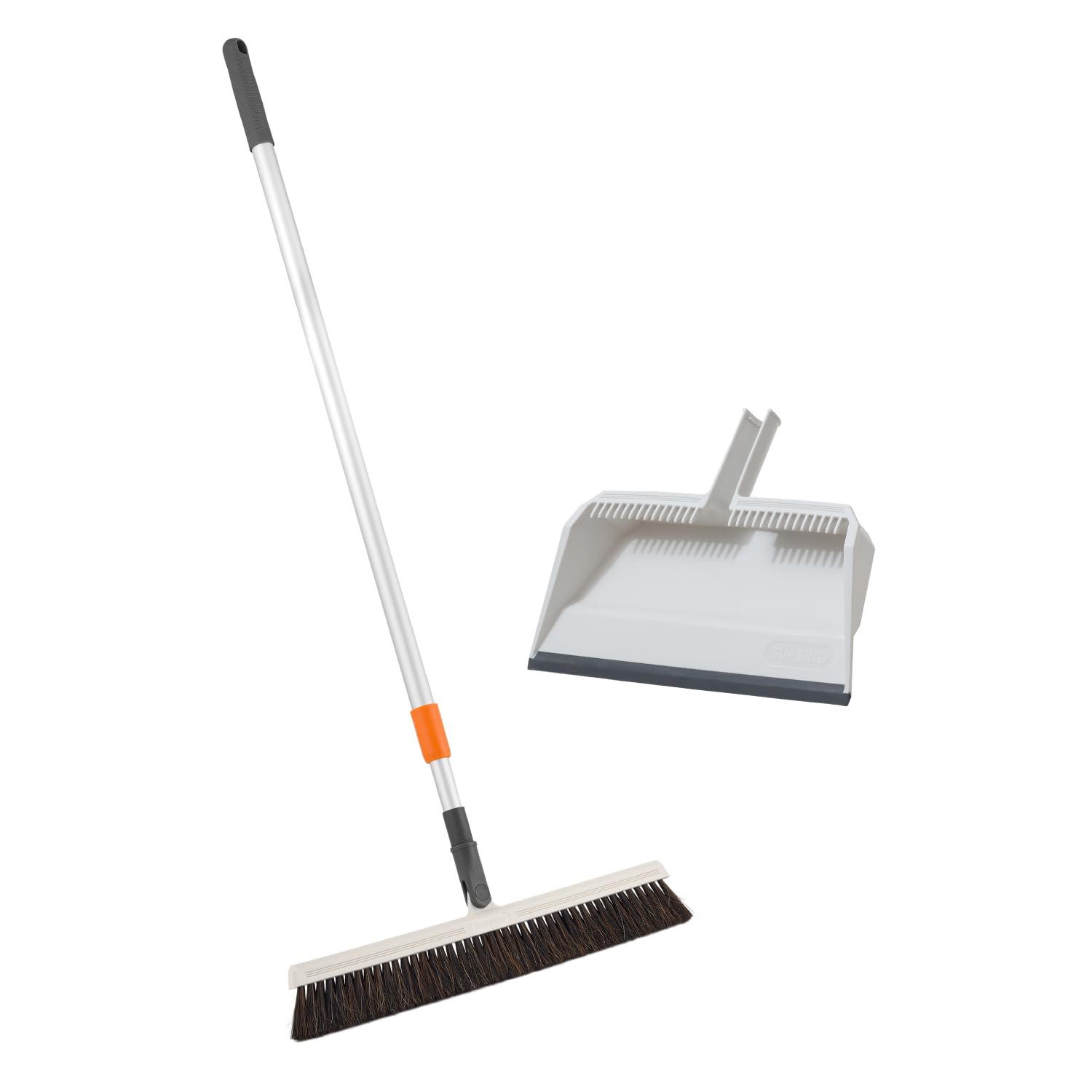 Superio 18\" Horse Hair Upright Broom and 16\" Dustpan with Comb – Narrow Thin Dust Broom for Dog Hair – Telescopic Handle – Floor Cleaning Set for Hardwood & Tile – Gray/White ( incomplete )