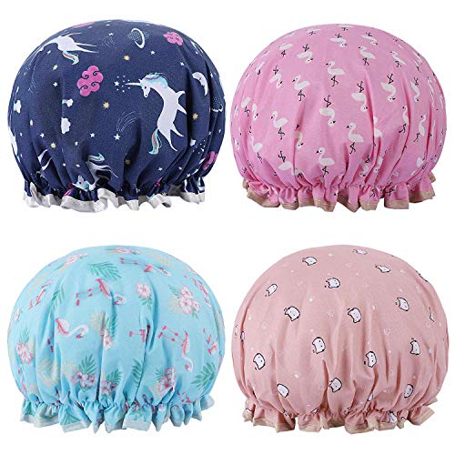 4 Pcs Cute Print Shower Caps - Unicorn, Cat, Bird, Flamingo for Girls and Women with Long Thick Hair, Waterproof Bath Hat Cover