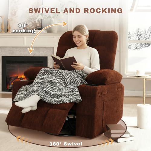 Image of Swivel Rocker Recliner Chair,Recliner Single Sofa with Cup Holders, Manual Nursery Rocking Chair with Side Pockets, Modern Upholstered Recliner for Living Room,Apartment,Home Theater(Brown)