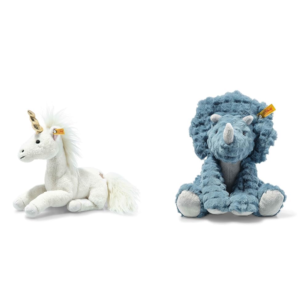 Steiff Unica Schlenker Einhorn weiß liegend 27 cm & Soft Cuddly Friends Dixi Triceratops Petrol 28 cm, Dinosaurier Kuscheltier aus kuschelweichem Plüsch