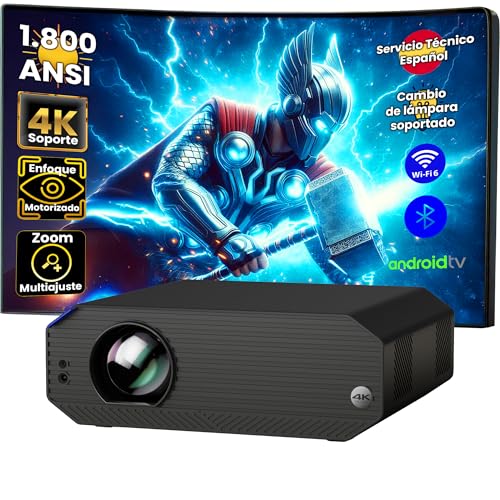 Proyector 4K, Unicview K5000, 1800 ANSI lúmenes, Cine en casa y presentaciones, Enfoque motorizado, Keystone 4D, Zoom Digital, HDMI, USB-C, Jack 3.5, Altavoces 10W (AndroidTV)