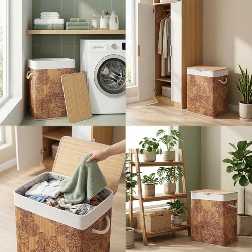 Image of Kura by Ekhasa Floral Laundry Basket with Lid 60L, Bamboo Laundry Basket for Clothes, Foldable Laundry Hamper Basket with Removable Laundry Bag for Bedroom Bathroom Clothes Storage