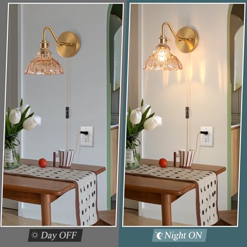 Image of Plug-in Wall Sconce (Set of 2), Vintage Wall Decorative Lamp with Amber Glass Shade, Indoor Brass Plug-in Wall Sconce for Bedroom, Living Room, Bathroom, Hallway