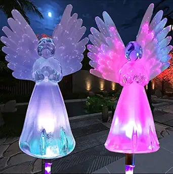 Outdoor Solar Garden Light,XFF 2 Pack Solar Angel Light,Multi-Color Changing LED Stake Light with Fiber Optic for Cemetery Grave Yard Patio Outdoor Decoration,Memorial Remembrance Gifts