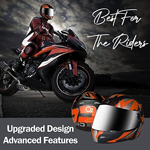 Image of O2 Max Pro Full Face Helmet with Scratch Resistant Visor, Cross Ventilation & Matte Finish Graphics for Men's Bike Motorcycle Scooty Riding (Orange, M)
