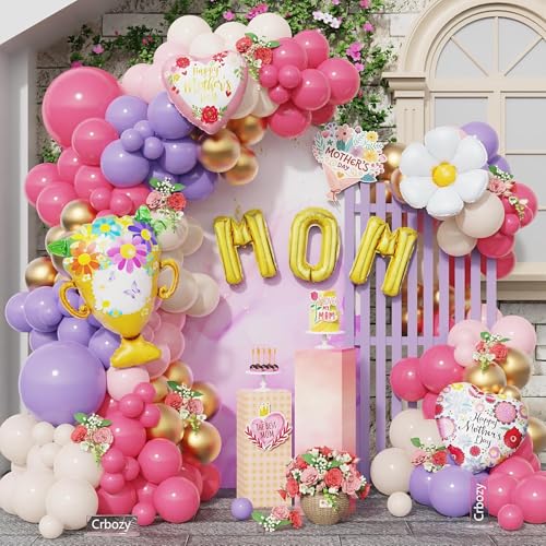 Mothers Day Balloon Arch Garland Kit 153Pcs Purple Hot Pink Metallic Gold White Balloons with MOM Heart Foil Balloons for Happy Mothers Day Mom Birthday Decorations