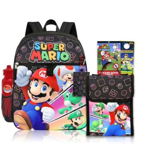Super Mario Conjunto de mochila e lancheira – Pacote com mochila, lancheira, adesivos, garrafa de água, mais | Bolsa escolar Super Mario Bros para meninos, Multicor, Mario Backpack and Lunch Bag