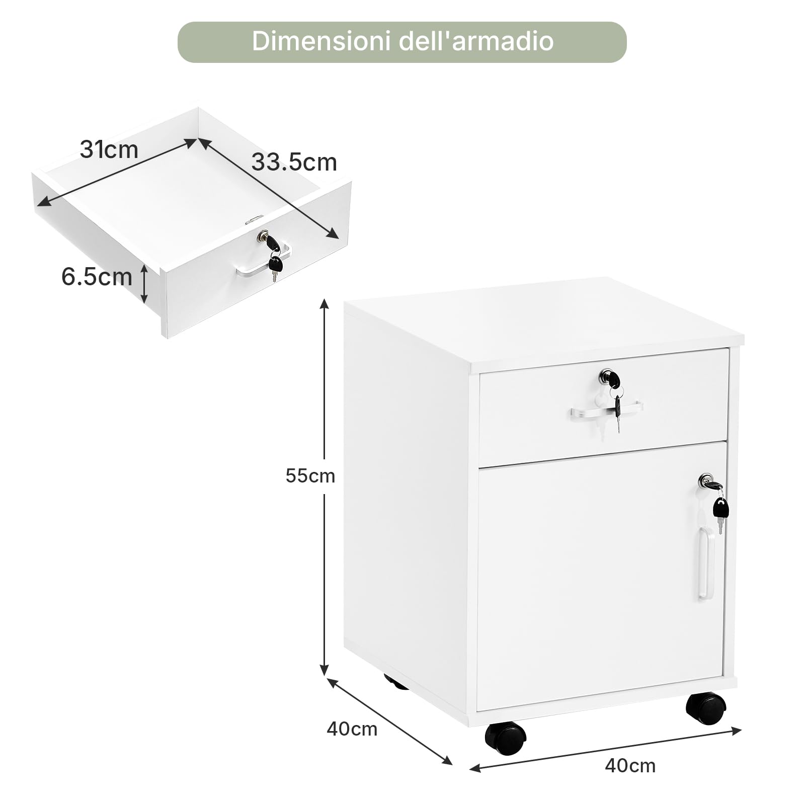 LEMROE Armadietto mobile a 2 cassetti con serratura e ruote in legno stile industriale per casa ufficio (bianco, 1 cassetto + 1 armadio)