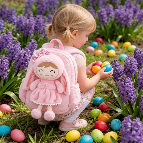 Image of Gloveleya Toddler Backpack Plush Bag with Soft Pink Rabbit Doll Detachable Design 11inches Gift for Baby Girl 2+...