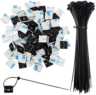 SRunDe 100 Pack 20cm Black Nylon Cable Zip Ties and Cable Ties Adhesive Mounts Premium Tie Wraps Heavy Duty Strong Variety Self Locking Plastic Zip Tie for Outdoor Fixing Cables Wires Pipes