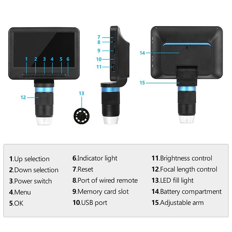 Cyfrowa kamera mikroskopowa, powiększenie 500-1000x, wyświetlacz LCD 5 cali, regulowane światła LED, w zestawie stojak