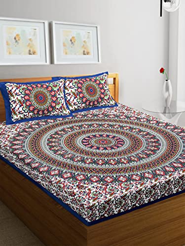 Image of RajasthaniKart Comfort Rajasthani Jaipuri Traditional Sanganeri Print 144 TC 100% Cotton Double Bedsheet with 2 Pillow Covers (Double, Blue)