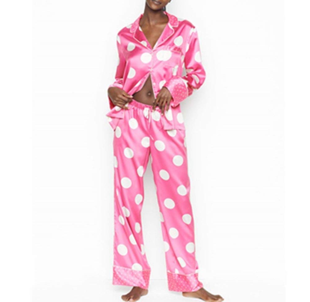 YUHOOE Pijamas De Mujer,Conjunto De Pijama De Satén De Seda Lindo Punto Rosa De Manga Larga con Botones Ropa De Dormir Pjs De Cuerpo Entero Sedoso Cómodo Y Suave Ropa De Dormir para Damas,Rosa,S