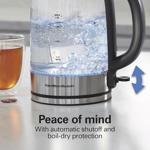Image of Hamilton Beach 1.8 Liter Electric Tea Kettle, Water Boiler & Heater | Fast Boiling 1500 Watts | BPA Free | Cordless Serving | Auto-Shutoff & Boil-Dry Protection | Blue LED | Clear Glass