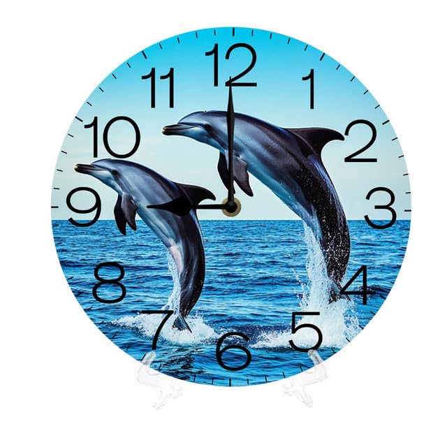 Geroclonup Horloge murale ronde en forme de dauphin - Décoration d'intérieur moderne - Océan bleu - Décoration de cuisine - 25 cm - Fonctionnement à piles -...