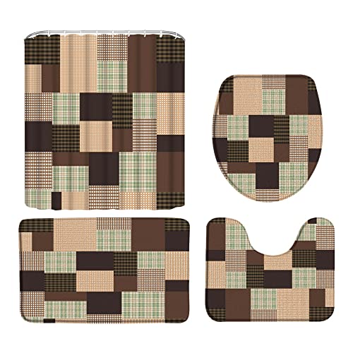Gitcssym Farmhouse Patchwork Shower Curtain Primitive Country Retro Brown And Tan Buffalo Check Plaid Checkered Lattice Patch Rustic Lodge Cabin Vintage Decor Fabric Bathroom Curtain With Hook #TOP4
