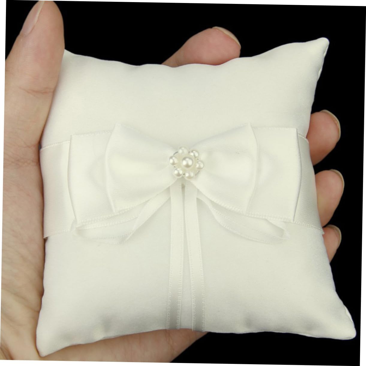 OKUMEYR Satin Wedding Bearer Pillow with Double Bowknot and Faux Flower Elegant Ceremony Cushion for Bride Special Day