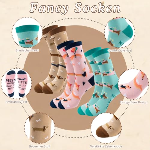 Tantanbear 3 Paar Dackel Socken, Socken Hundemotiv 36-45, Dackel Geschenke mit Witzige Spruch und Dackelmotiv für Teenager Erwachsener Herren Damen