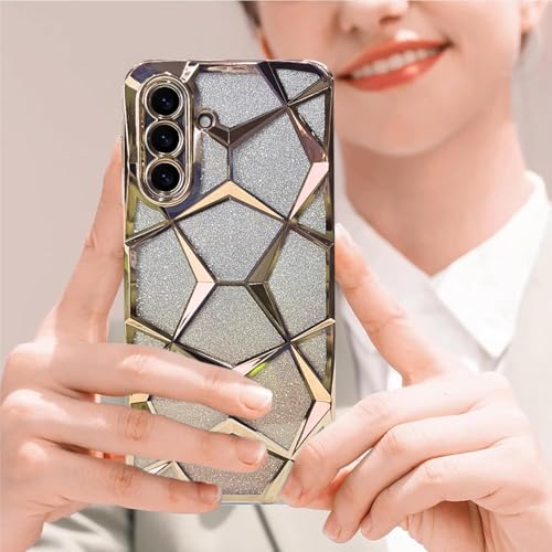 Image of VONZEE Gradient Glitter Case for Samsung A36, Luxury Electroplated 3D Cube, Diamond Bling Shiny Soft TPU Clear Shockproof Women Girls Protective Phone Cover (Gold)