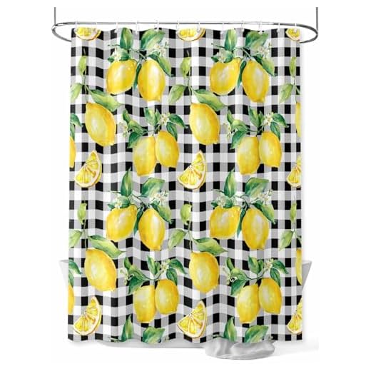 Yellow Tropical Lemon Shower Curtain, Green Leaf Waterproof Washable Fabric Bathroom Shower Curtains Set for Bathroom Decor,36 X 72 Inch Long, Black and White Check