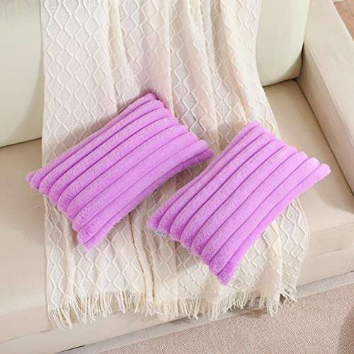 FUTEI Purple Striped Decorative Throw Pillow Covers 12x20 Inch Set of 2,Rectangle Winter Decorations Couch Lumbar Pillowcase,Soft Cozy Faux Rabbit Fur & Velvet Back,Modern Home Decor for Bed