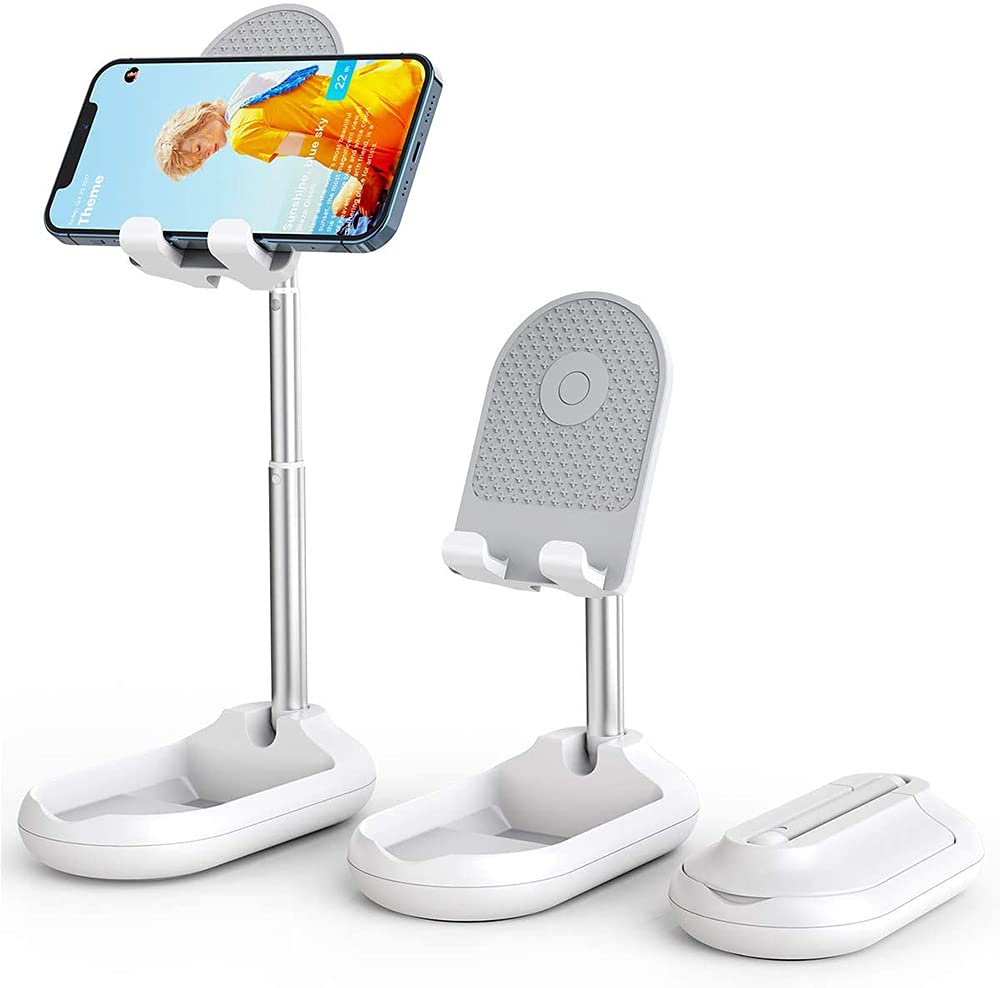 Cell Phone Stand, Angle Height Adjustable Phone Stand Holder for Desk, DELFINO Fully Foldable iPhone Stand Holder, Case Friendly Compatible with All Mobile Phone/iPad/Kindle/Tablet (White)
