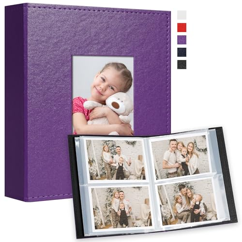 Image of Vienrose Small Photo Album 4x6 Holds 200 Photos, 2 Pack Mini Leather Photo Album with Cover Window, Acid-Free Baby Picture Album for Wedding, Family, Travel & Gift Keepsake, Purple