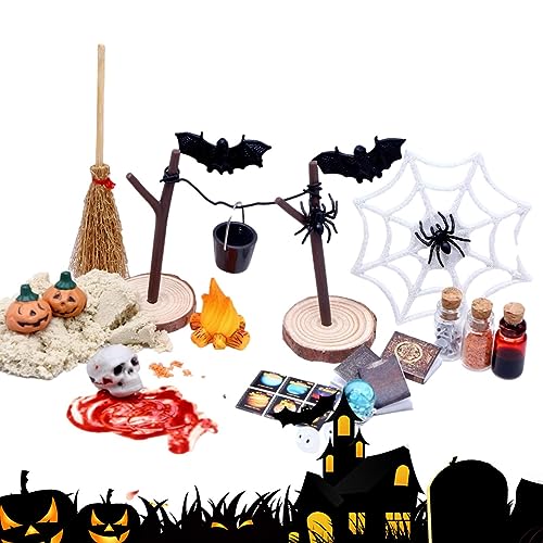 COMFOLIVING Kit Casa de Muñecas de Halloween | Juego de Figuras de Murciélago con Cabezas de Calaveras de Calabaza de 27 Piezas - Figuras de Halloween en Miniatura, Juego de Juguetes de Horror de