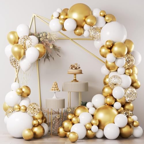 Image of Golden Chrome White & Gold Confetti Balloon Garland Arch Kit 63 Pcs for Birthday Decoration Anniversary Engagement Wedding Baby Shower || AR Giftzadda