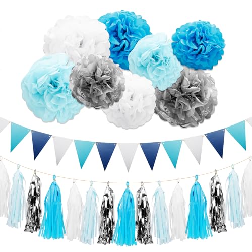 Image of Blue and Silver Party Decorations Kit, 28PCS Tissue Paper Pom Poms, Triangle Flag Banners & Tassel Garland, Blue Birthday Party Supplies for Boy, Baby Shower, Wedding, Bridal & Engagement Backdrop
