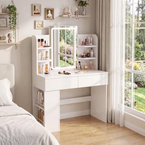 JUMMICO Dressing Table with LED Mirror Vanity Desk with 2 Large Drawers Adjustable Brightness Makeup Table with Open Shelves and Sideboard Bedroom Furniture (White 90cm)