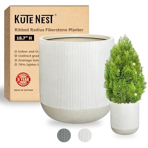 KUTE NEST Ribbed Radius Fiberstone Large Plant Pot, Planter Pot with Drainage Hole, Planters for Indoor and Outdoor Use, 5 Year Guarantee (Charcoal, Large) Cover