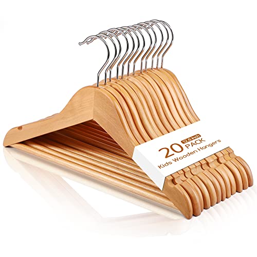 Image of Cozymood Kids Wooden Hangers 20 Pack, Smooth Solid Wood Baby Hangers, 12.6'' Children's Coat Hangers with Non Slip Pants Bar, Shoulder Notches, Silvers Swivel Hooks, Natural