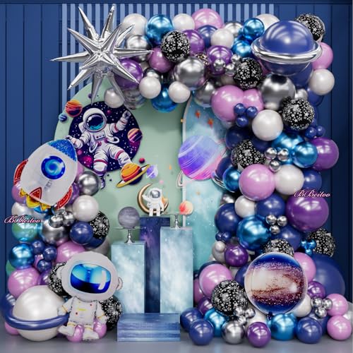 168PCS Space Balloon Arch Kit with Blue Purple Silver Planets and Stars