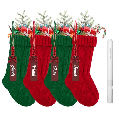 QBEJIME 4pcs Personalised Christmas Stockings, 18 Inch Large Knit Christmas Stocking, Hanging Xmas Stockings Decorations With Name Tags Marker Pen For Family Holiday Xmas Party (Red &Green)