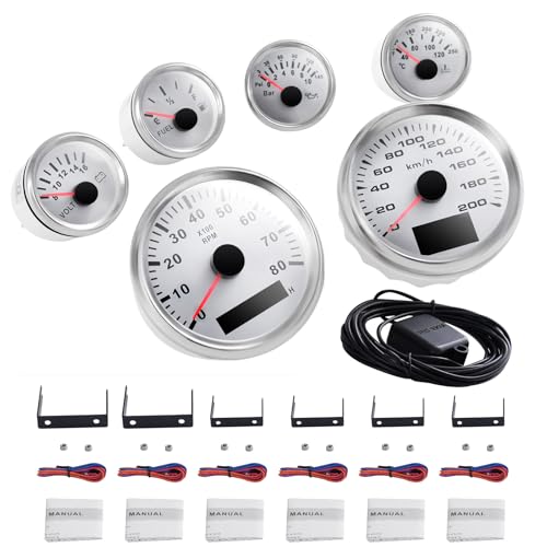 Universal 6 Gauge Kit w/GPS Speedometer Waterproof Oil Level Digital Odometer Speedometer 6 Gauges Set for Car Marine Boat Truck Yacht Waterproof (White)