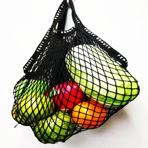 Soulnioi Reusable Grocery Mesh Bag Long Handle Cotton String Mesh Produce Bags Organic Grocery Shopping Bags Portable/Washable Long Handle Mesh Bag for Fruit and Vegetables Storage Black 1PC - Image 2