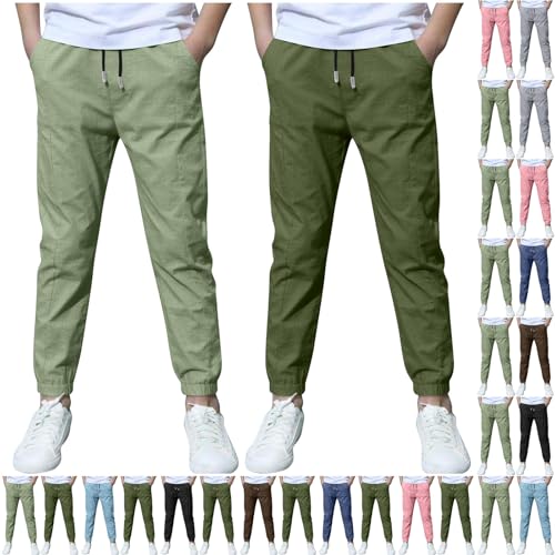 2-Pack Boys Summer Cotton Linen Pants Basic Solid Thin Elastic Waist Lightweight Trousers with Pockets for Kids 3-13 Years2