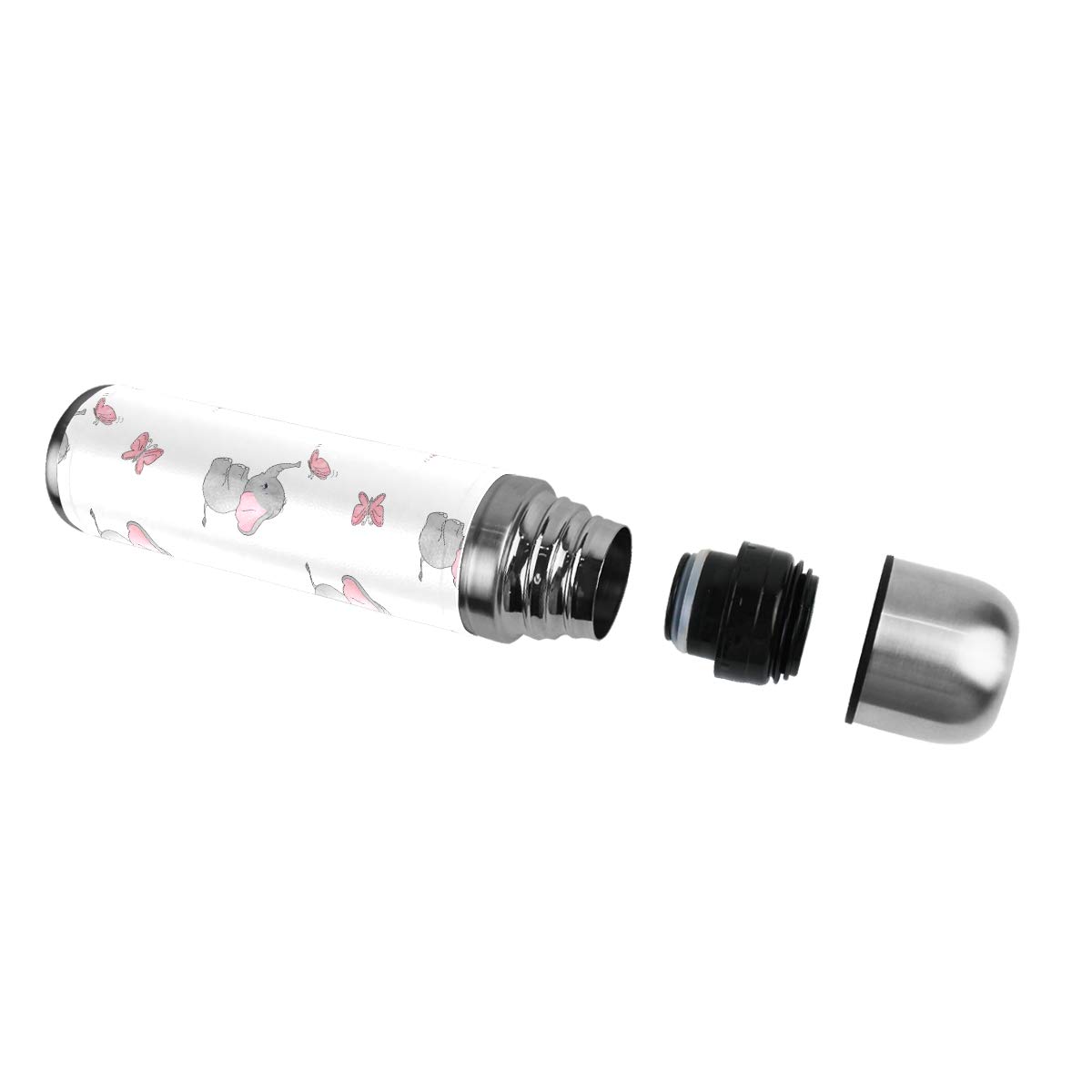 Thermosflasche, Vakuum-isoliert, Edelstahl, doppelwandig, auslaufsicher, Tier-Elefant, Schmetterling, personalisierbar, bedruckt, echtes Leder, 500 ml